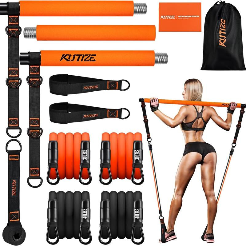 Pilates Bar Kit with Resistance Bands, Pilates Workout Equipment for Legs, Hip, Waist, Arm, Squats Exercise Equipment for Home Workouts, Adjustable 3-Section Pilates Bar Kit for Women & Men,Best Christmas Gifts for Dads/Moms/Boys/Girls