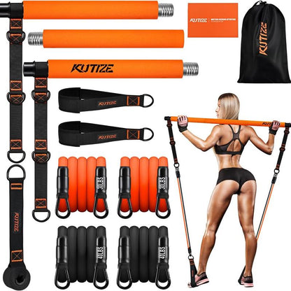 Pilates Bar Kit with Resistance Bands, Pilates Workout Equipment for Legs, Hip, Waist, Arm, Squats Exercise Equipment for Home Workouts, Adjustable 3-Section Pilates Bar Kit for Women & Men,Best Christmas Gifts for Dads/Moms/Boys/Girls