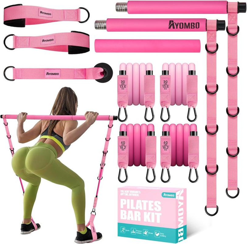 Pilates Bar Kit with Resistance Bands, Pilates Workout Equipment for Legs, Hip, Waist, Arm, Squats Exercise Equipment for Home Workouts, Adjustable 3-Section Pilates Bar Kit for Women & Men,Best Christmas Gifts for Dads/Moms/Boys/Girls