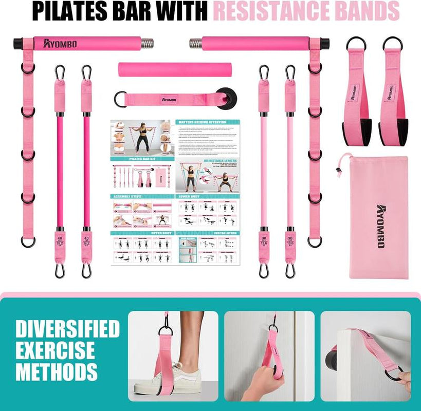 Pilates Bar Kit with Resistance Bands, Pilates Workout Equipment for Legs, Hip, Waist, Arm, Squats Exercise Equipment for Home Workouts, Adjustable 3-Section Pilates Bar Kit for Women & Men,Best Christmas Gifts for Dads/Moms/Boys/Girls