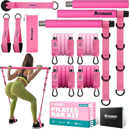 Pilates Bar Kit with Resistance Bands, Pilates Workout Equipment for Legs, Hip, Waist, Arm, Squats Exercise Equipment for Home Workouts, Adjustable 3-Section Pilates Bar Kit for Women & Men,Best Christmas Gifts for Dads/Moms/Boys/Girls